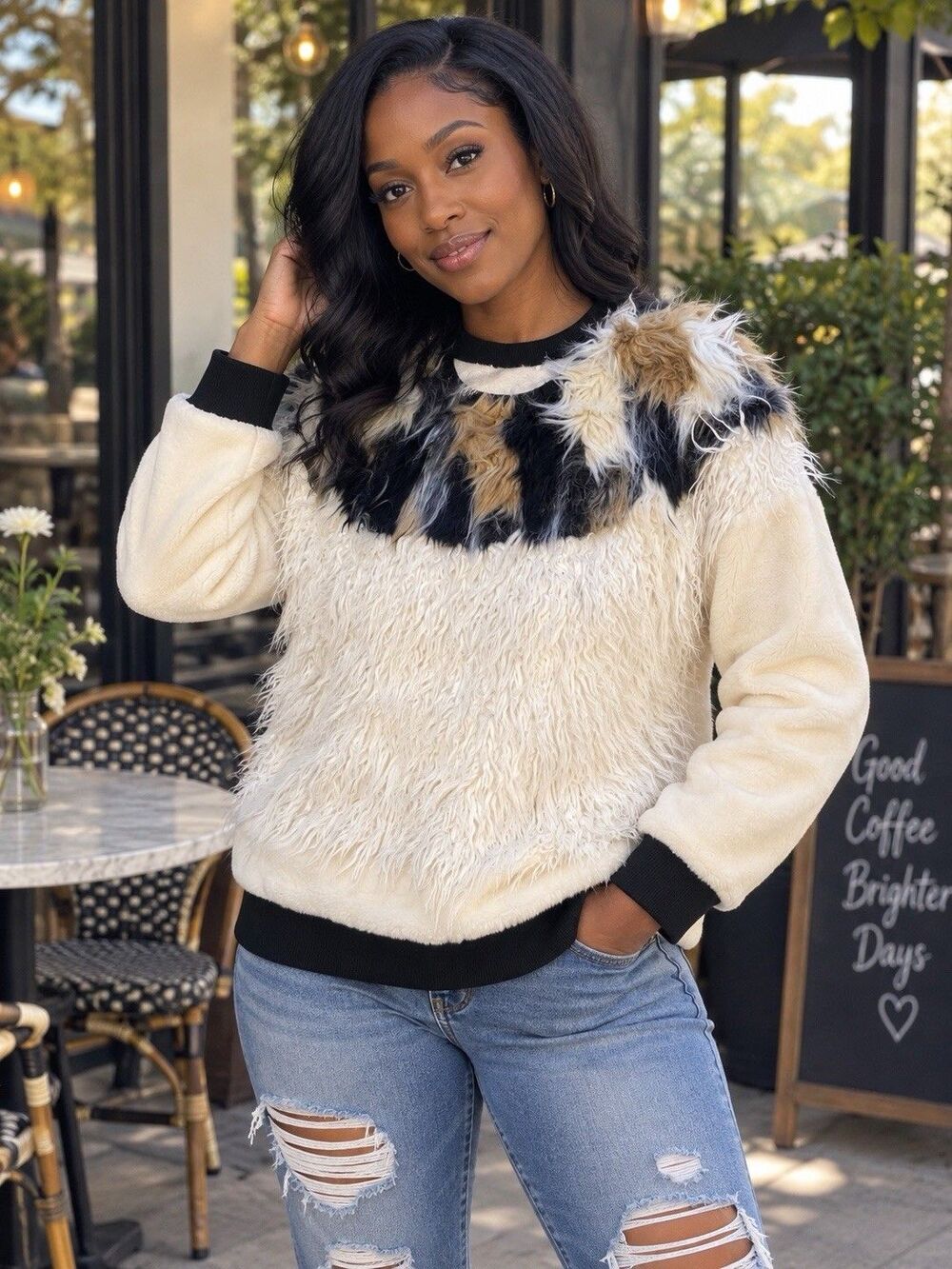 Zara Trafaluc Women S Cream Faux Fur Shaggy Pullover Sweatshirt Colorblock